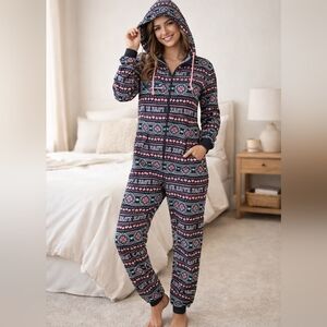 SO Women's Patterned Hooded Onesie - Black and Pink
